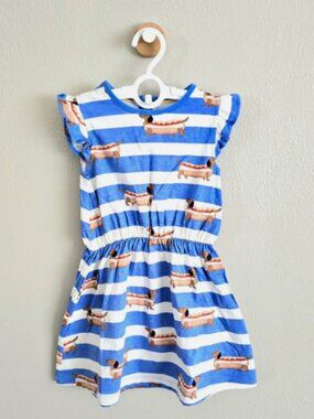 Mini Boden Size 5-6 Years Blue and White Striped Dachshund Hot Dog Print Dress